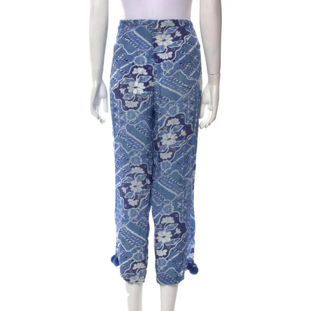 Figue Goa Drawstring Blue Wide Leg Pants Size L‎ Cropped High Rise Pompoms Trim